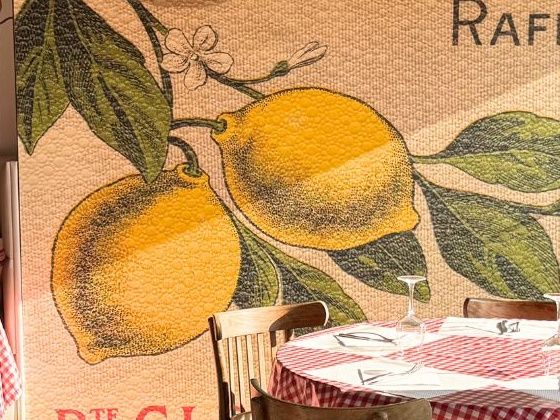 Détail de la fresque vintage « Citron, boisson rafraîchissante » et ses citrons jaunes.